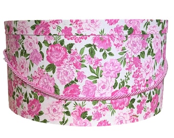 20”X9”  Hat Box in Pink Floral on White Fabric