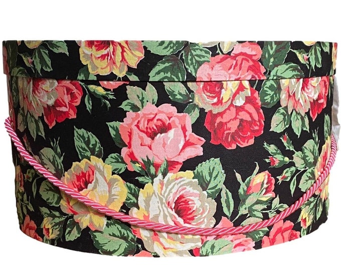 Large 16” Hat Box in Pink and Red Roses on Black Fabric