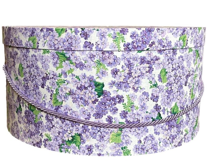 Large 16”x8” Hat Box in Bright Purple and White Floral Fabric