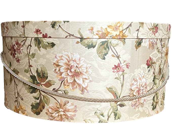 Large 17”x8” Hat Box in Cream and Pink Floral Fabric