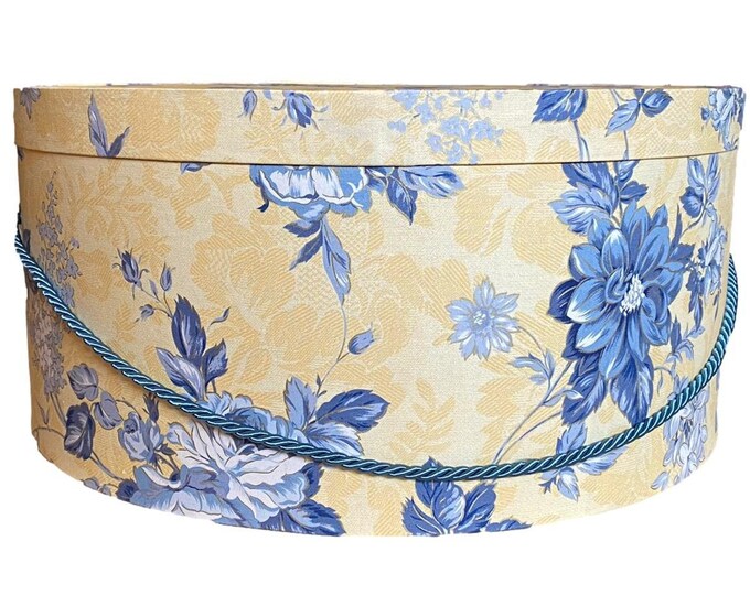 Large 16”x7” Hat Box in Blue and Yellow Floral Fabric