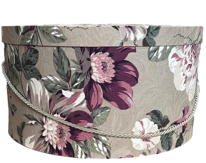 Extra Large 20”X10” Hat Box in Purple and Cream on Taupe Floral Fabric