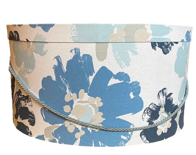 Large 15”X8”Hat Box in Blue Tones Floral Fabric