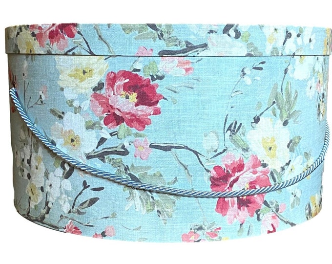 SALE!  25.00 Dollars Off of This Hat Box! Use Code MERRY25   Sale Ends 12/11  Extra Large 20”x10” Hat Box in Light Blue Floral Fabric