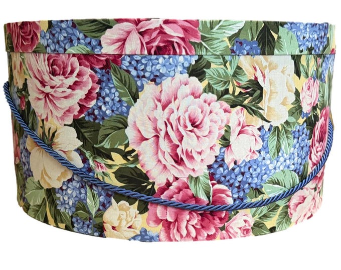 Extra Large 20”X10” Hat Box in Yellow, Pink, and Blue Floral Fabric