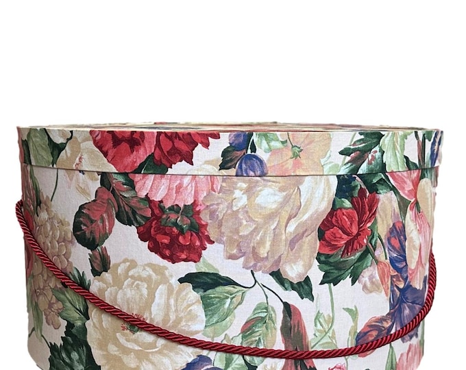 Extra Large 20”X10” Hat Box in Red, Purple and Cream Floral Fabric