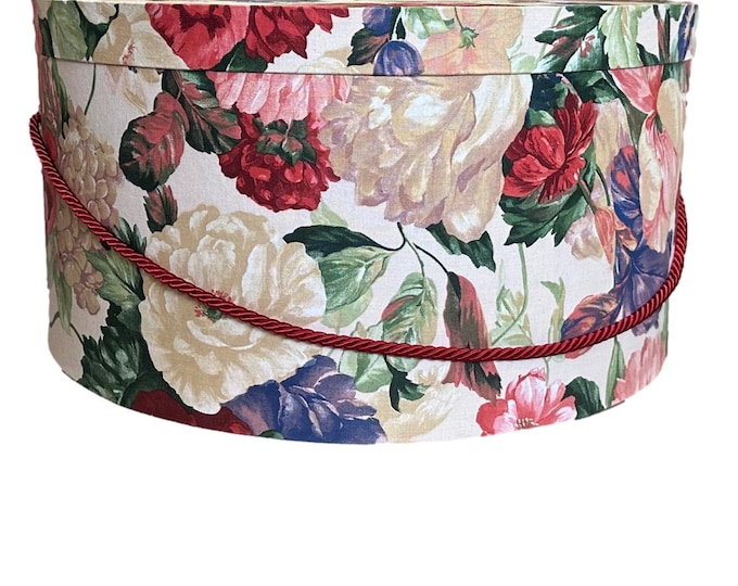 Extra Large 20”X10” Hat Box in Red, Purple and Cream Floral Fabric