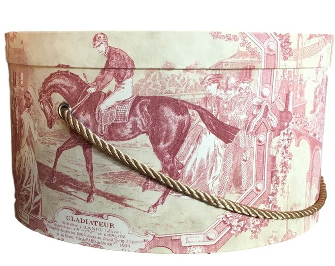 Large 17” Hat Box in Vintage French Horse Race Toile Fabric