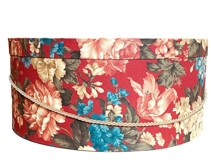 Large 16”x8” Hat Box in Red, Blue, Green, Ecru Floral Fabric