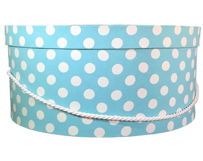 Extra Large 18” Hat Box in Blue and White Polka Dot Fabric