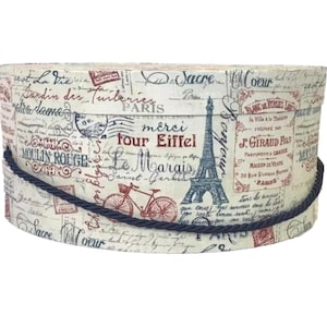 Scatola per cappelli 14"x6" in blu e rosso a tema parigino su tessuto grigio