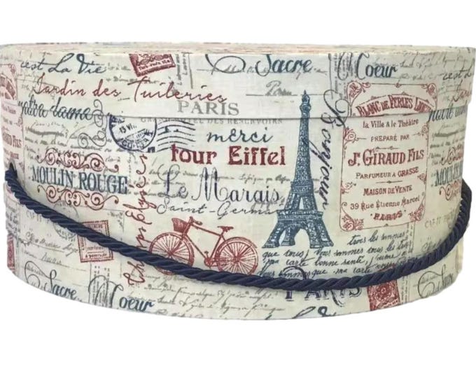 14”x6” Hat Box in Paris Themed Blue and Red on Grey Fabric