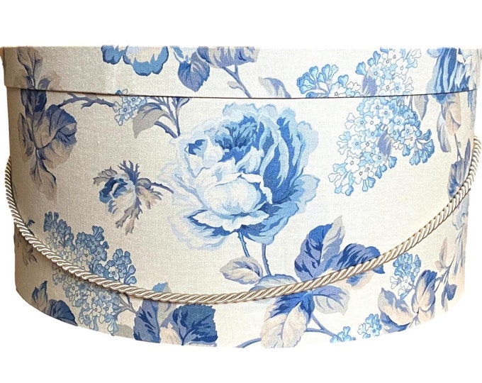 Extra Large 19”x9” Hat Box in Blue Floral on Linen Fabric
