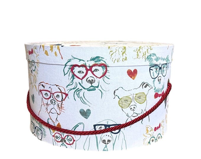 14”x8” Hat Box in Whimsical Dogs Wearing Glasses Fabric