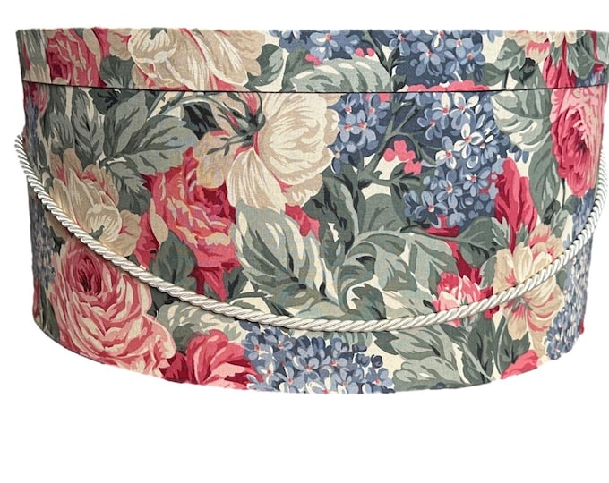 Extra Large 20”X9” Hat Box in Pink, Purple and Green Floral Fabric