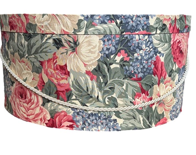 Extra Large 20”X9” Hat Box in Pink, Purple and Green Floral Fabric