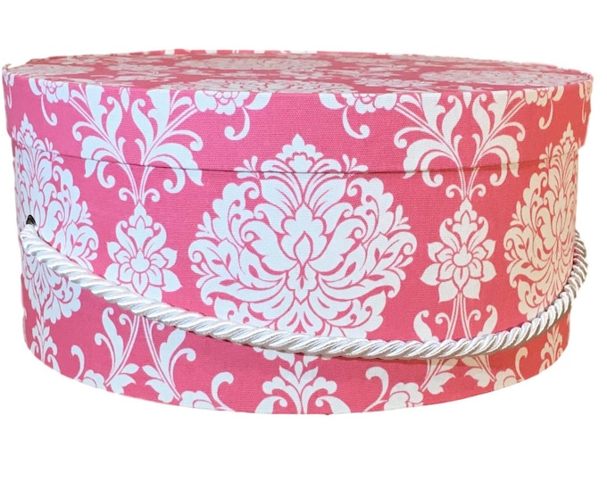 14”x7” Hat Box in Pink/Coral Damask Fabric