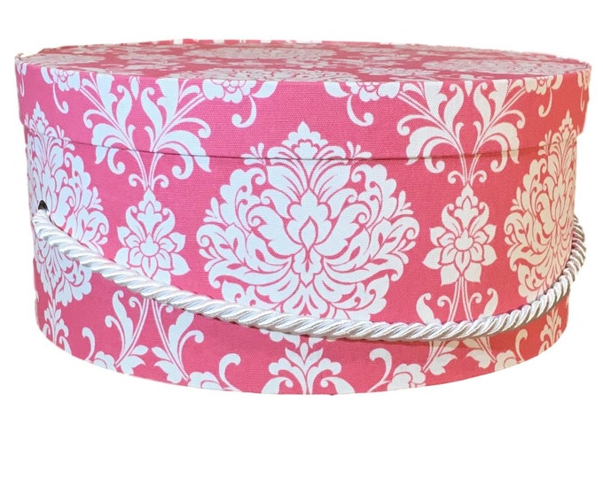 14”x7” Hat Box in Pink/Coral Damask Fabric