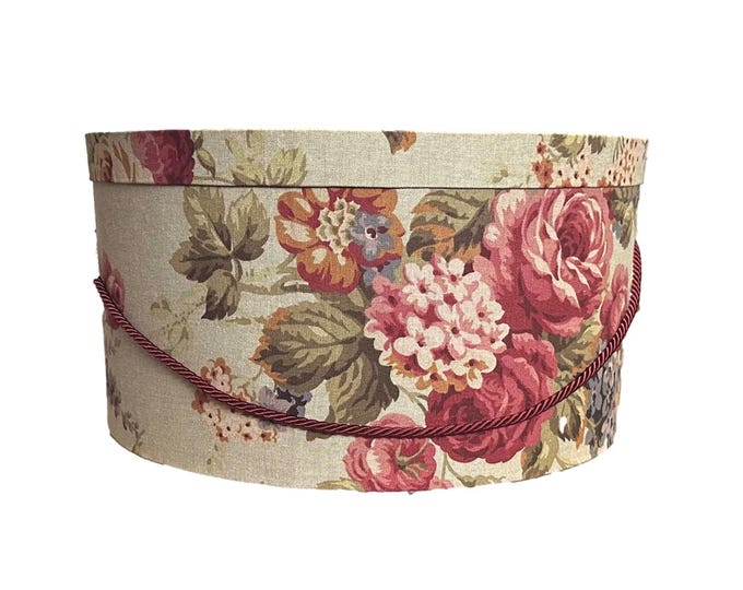 Extra Large 20”X10” Hat Box in Deep Red, Purple on Tan Floral Fabric