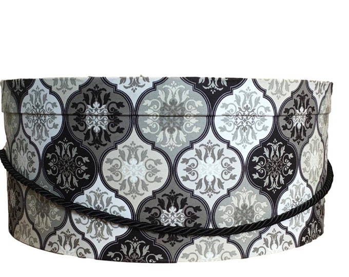 14”x6” Hat Box in Black and Tan Damask Fabric