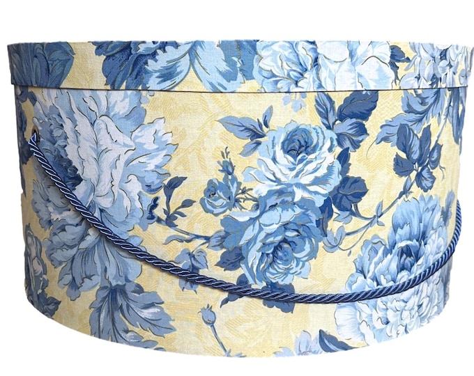 Extra Large 20”x9” Hat Box in Yellow and Blue Floral Fabric