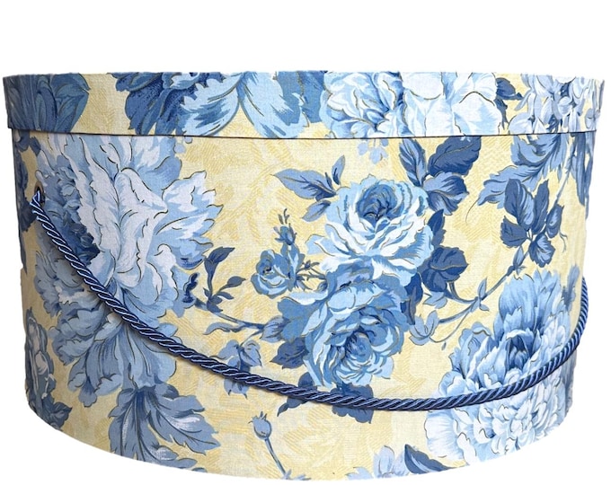Extra Large 20”x10” Hat Box in Yellow and Blue Floral Fabric