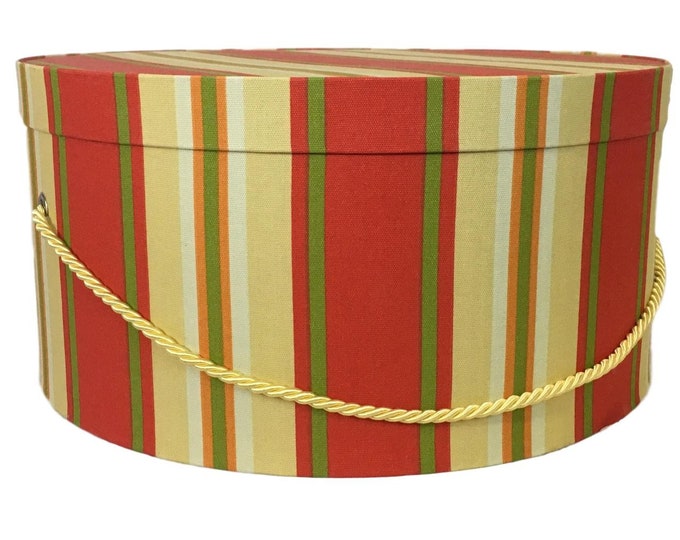 Large 17”x9”  Hat Box in Coral, Yellow, and Green Stripe Fabric