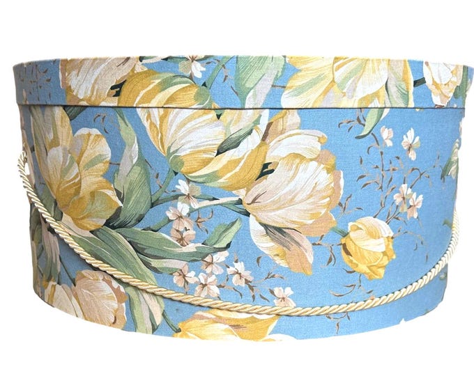 Extra Large 20”X9” Hat Box in Yellow Tulips on Blue Floral Fabric