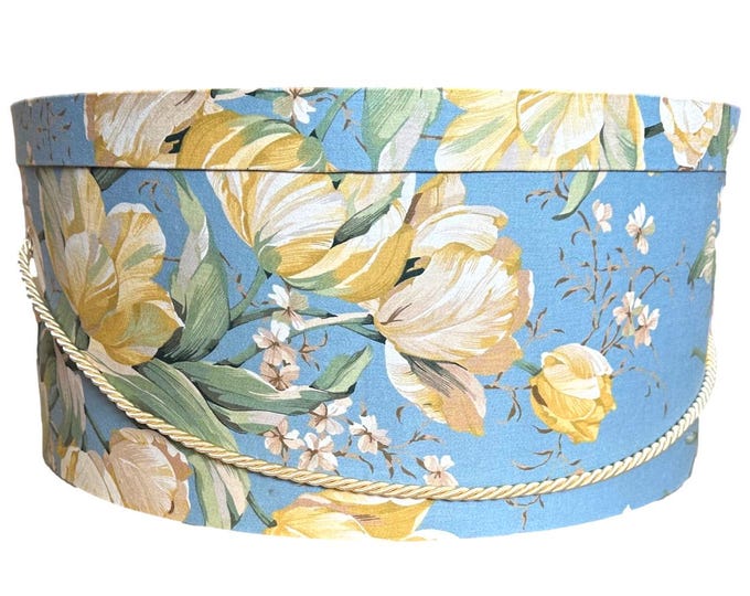 Extra Large 20”X9” Hat Box in Yellow Tulips on Blue Floral Fabric
