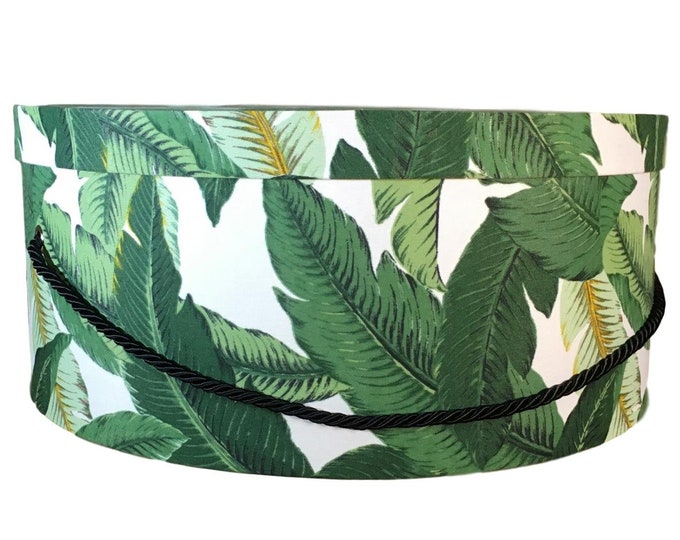 20”X9”  Hat Box in Tropical Palm Leaves on White Fabric