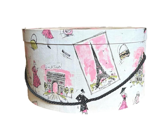 Large 16”x8” Hat Box in French Themed Fabric