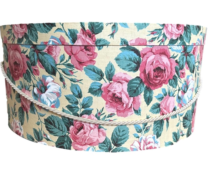Extra Large 20”X9” Hat Box in Yellow with Red Roses Floral Fabric