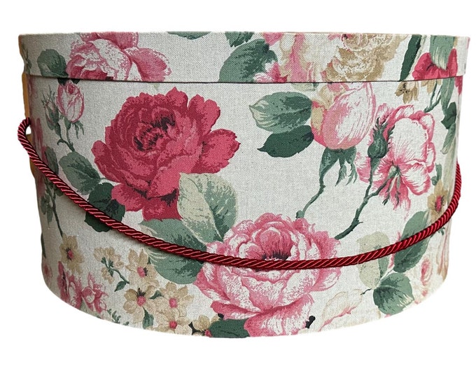 14”x8” Hat Box in Red Roses on Tan Fabric