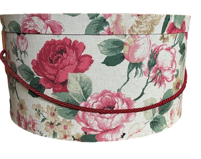 14”x8” Hat Box in Red Roses on Tan Fabric