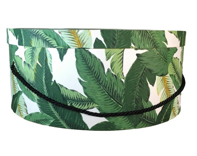 20”X9”  Hat Box in Tropical Palm Leaves on White Fabric