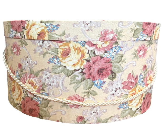 Large 17”X8” Hat Box in Pale Yellow Floral Fabric