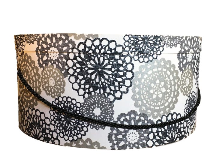 Extra Large 20”X9” Hat Box in Black, Grey, Silver on White Fabric