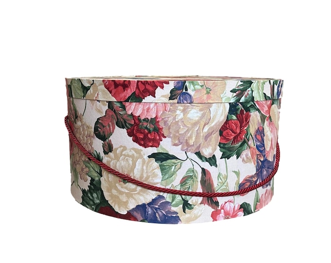 Extra Large 20”X10” Hat Box in Red, Purple and Cream Floral Fabric