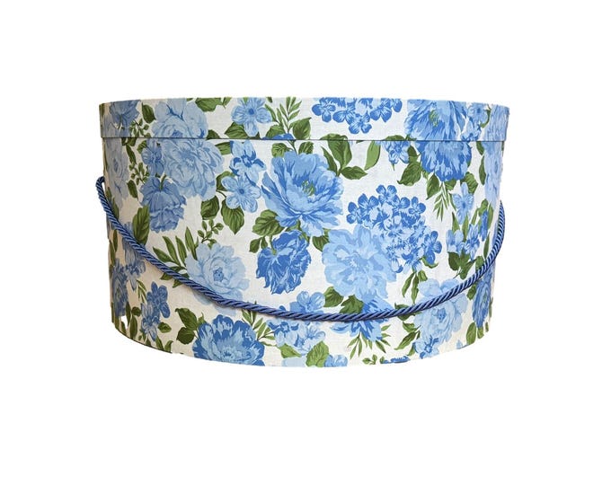 Extra Large 20”X10” Hat Box in Blue and White Floral Fabric