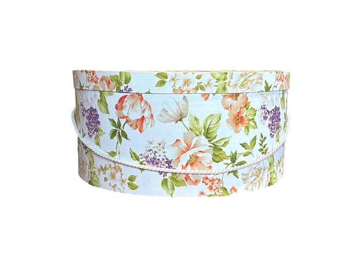 Extra Large 20”X9” Hat Box in Orange, Purple and White Floral Fabric
