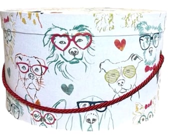 14”x8” Hat Box in Whimsical Dogs Wearing Glasses Fabric