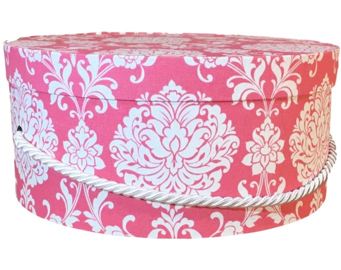 14”x7” Hat Box in Pink/Coral Damask Fabric