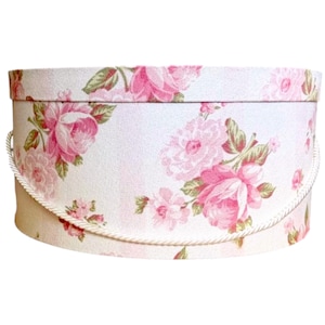 Large 17”X8” Hat Box in Pink and White Soft Floral Fabric