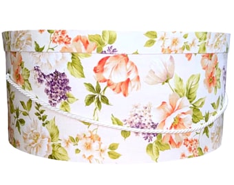Extra Large 20”X9” Hat Box in Orange, Purple and White Floral Fabric