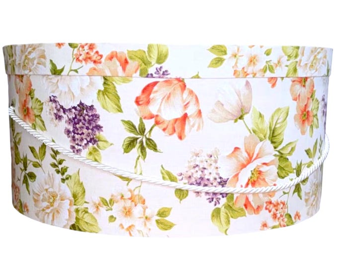 Extra Large 20”X9” Hat Box in Orange, Purple and White Floral Fabric