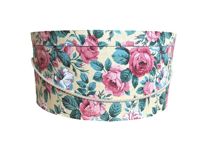 Extra Large 18”X9” Hat Box in Yellow with Red Roses Floral Fabric