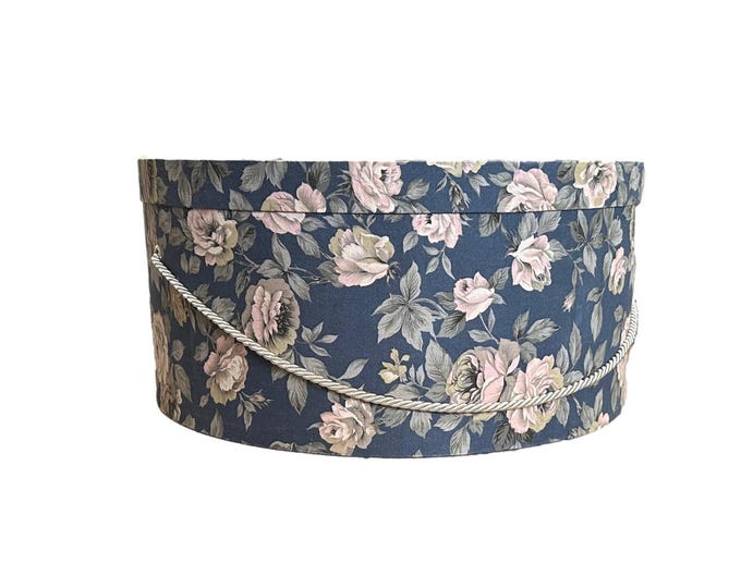 Extra Large 20”X9” Hat Box in Navy with Tan Roses Floral Fabric