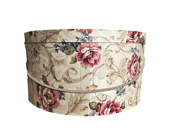Extra Large 20”x9” Hat Box in Tan and Rose Floral Scroll Fabric