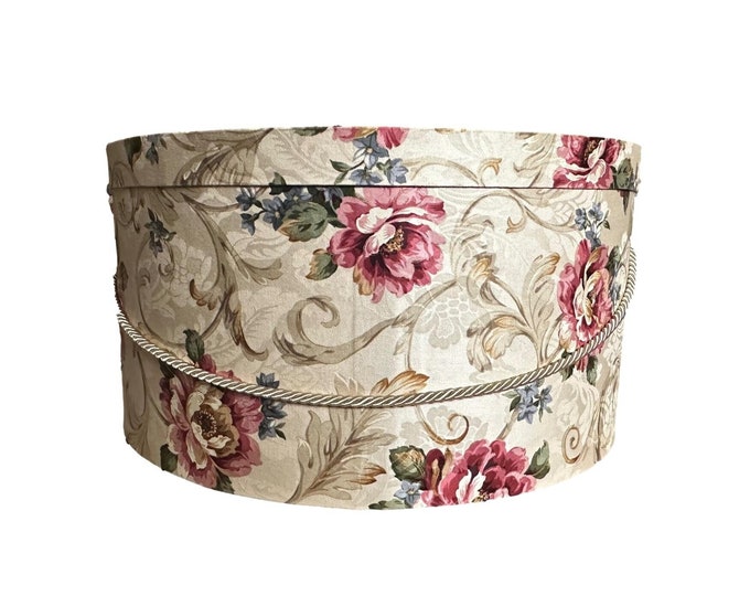 Extra Large 20”x9” Hat Box in Tan and Rose Floral Scroll Fabric