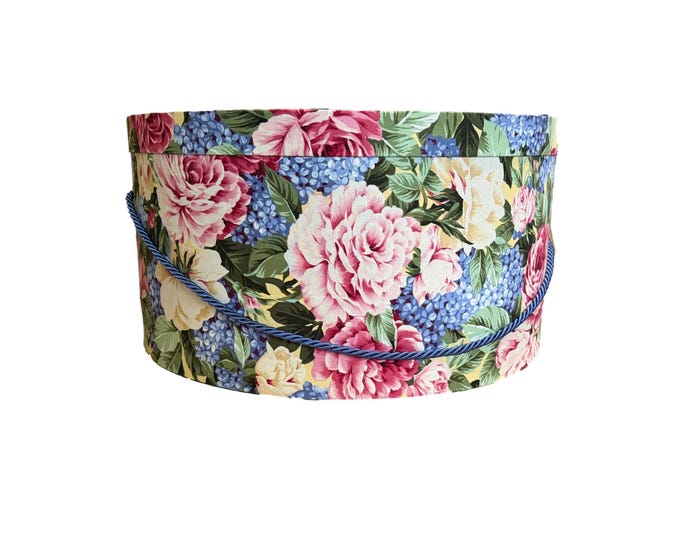Extra Large 20”X10” Hat Box in Yellow, Pink, and Blue Floral Fabric